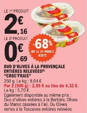 Promotions Duo d`olives a la provengale entieres relevees croc`frais - Croc Frais - Valide de 21/05/2024 à 02/06/2024 chez E.Leclerc