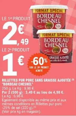 Promotions Rillettes pur porc sans graisse ajoutée bordeau chesnel - Bordeau Chesnel - Valide de 21/05/2024 à 02/06/2024 chez E.Leclerc