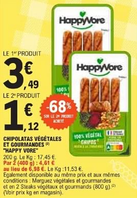 Promotions Chipolatas végétales et gourmandes happy vore - Happyvore - Valide de 21/05/2024 à 02/06/2024 chez E.Leclerc