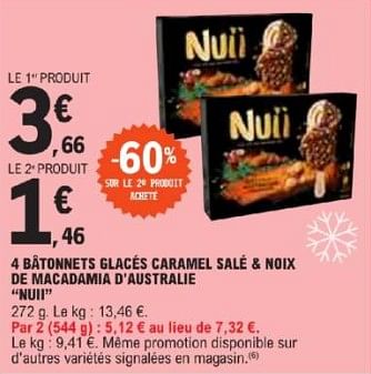 Promotions 4 bâtonnets glacés caramel salé + noix de macadamia d`australie nuii - Nuii - Valide de 21/05/2024 à 02/06/2024 chez E.Leclerc