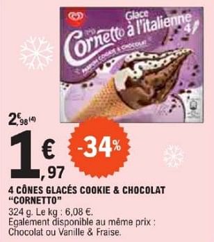 Promotions 4 cônes glacés cookie + chocolat cornetto - Ola - Valide de 21/05/2024 à 02/06/2024 chez E.Leclerc
