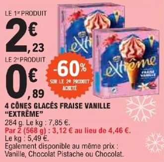 Promotions 4 cônes glacés fraise vanille extrême - Extreme - Valide de 21/05/2024 à 02/06/2024 chez E.Leclerc