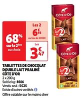 Promoties Tablettes de chocolat double lait praliné côte d`or - Cote D'Or - Geldig van 22/05/2024 tot 26/05/2024 bij Auchan