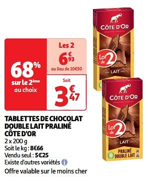 Promoties Tablettes de chocolat double lait praliné côte d`or - Cote D'Or - Geldig van 22/05/2024 tot 26/05/2024 bij Auchan