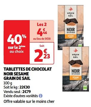 Promoties Tablettes de chocolat noir sesame grain de sail - Grain de Sail - Geldig van 22/05/2024 tot 26/05/2024 bij Auchan