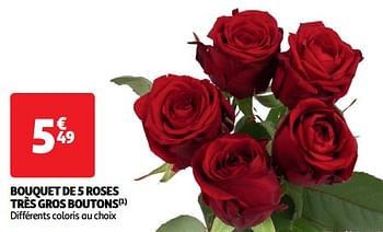 Promoties Bouquet de 5 roses très gros boutons - Huismerk - Auchan - Geldig van 22/05/2024 tot 26/05/2024 bij Auchan