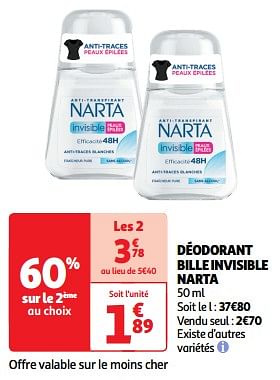 Promoties Déodorant bille invisible narta - Narta - Geldig van 22/05/2024 tot 26/05/2024 bij Auchan