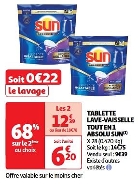 Promoties Tablette lave-vaisselle tout en 1 absolu sun - Sun - Geldig van 22/05/2024 tot 26/05/2024 bij Auchan