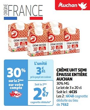 Promoties Crème uht semi épaisse entière auchan - Huismerk - Auchan - Geldig van 22/05/2024 tot 27/05/2024 bij Auchan