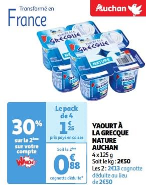 Promoties Yaourt à la grecque nature auchan - Huismerk - Auchan - Geldig van 22/05/2024 tot 27/05/2024 bij Auchan