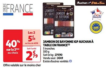 Promotions Jambon de bayonne igp auchan à table en france - Produit Maison - Auchan Ronq - Valide de 22/05/2024 à 27/05/2024 chez Auchan Ronq