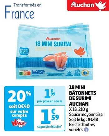 Promotions 18 mini bâtonnets de surimi auchan - Produit Maison - Auchan Ronq - Valide de 22/05/2024 à 26/05/2024 chez Auchan Ronq