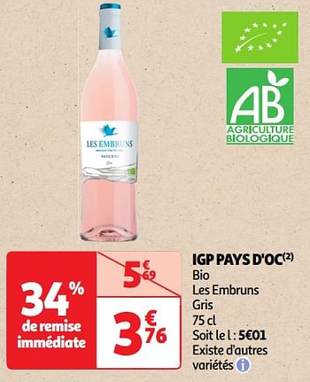 Promotions Igp pays d`oc bio les embruns gris - Vins rosé - Valide de 22/05/2024 à 26/05/2024 chez Auchan Ronq