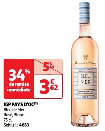 Promotions Igp pays d`oc bleu de mer rosé, blanc - Vins rosé - Valide de 22/05/2024 à 26/05/2024 chez Auchan Ronq