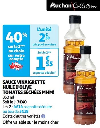 Promotions Sauce vinaigrette huile d`olive tomates séchées mmm! - Produit Maison - Auchan Ronq - Valide de 22/05/2024 à 26/05/2024 chez Auchan Ronq