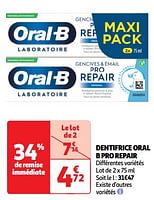 Promotions Dentifrice oral b pro repair - Oral-B - Valide de 22/05/2024 à 26/05/2024 chez Auchan Ronq