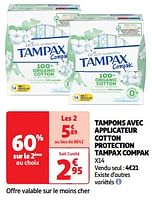 Promotions Tampons avec applicateur cotton protection tampax compak - Tampax - Valide de 22/05/2024 à 26/05/2024 chez Auchan Ronq