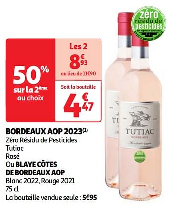 Promoties Bordeaux aop 2023 zéro résidu de pesticides tutiac rosé - Rosé wijnen - Geldig van 22/05/2024 tot 27/05/2024 bij Auchan