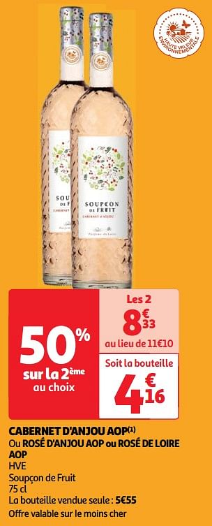Promoties Cabernet d`anjou aop ou rosé d`anjou aop ou rosé de loire aop hve soupçon de fruit - Rosé wijnen - Geldig van 22/05/2024 tot 27/05/2024 bij Auchan