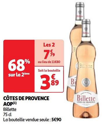 Promoties Côtes de provence aop billette - Rosé wijnen - Geldig van 22/05/2024 tot 27/05/2024 bij Auchan