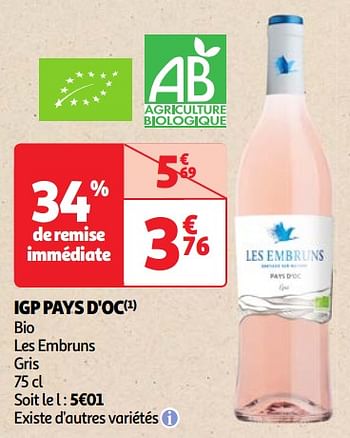 Promoties Igp pays d`oc bio les embruns gris - Rosé wijnen - Geldig van 22/05/2024 tot 27/05/2024 bij Auchan