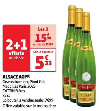 Promoties Alsace aop gewurztraminer, pinot gris médaillés paris 2023 cattin frères - Witte wijnen - Geldig van 22/05/2024 tot 27/05/2024 bij Auchan