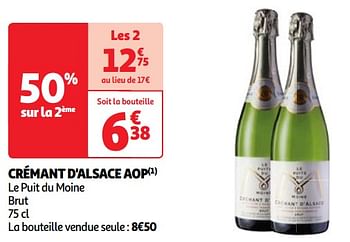 Promoties Crémant d`alsace aop le puit du moine brut - Schuimwijnen - Geldig van 22/05/2024 tot 27/05/2024 bij Auchan