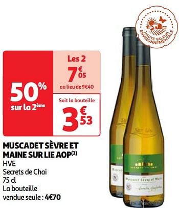 Promoties Muscadet sèvre et maine sur lie aop hve secrets de chai - Witte wijnen - Geldig van 22/05/2024 tot 27/05/2024 bij Auchan