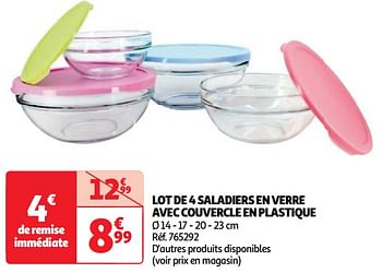 Promoties Lot de 4 saladiers en verre avec couvercle en plastique - Huismerk - Auchan - Geldig van 22/05/2024 tot 27/05/2024 bij Auchan