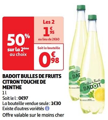 Promoties Badoit bulles de fruits citron touche de menthe - Badoit - Geldig van 22/05/2024 tot 27/05/2024 bij Auchan