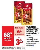 Promoties Tablettes de chocolat double lait praliné côte d`or - Cote D'Or - Geldig van 22/05/2024 tot 27/05/2024 bij Auchan