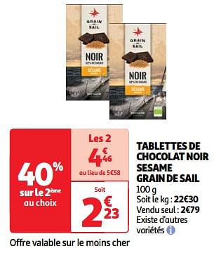 Promoties Tablettes de chocolat noir sesame grain de sail - Grain de Sail - Geldig van 22/05/2024 tot 27/05/2024 bij Auchan
