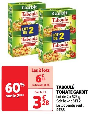 Promoties Taboulé tomate garbit - Garbit - Geldig van 22/05/2024 tot 27/05/2024 bij Auchan