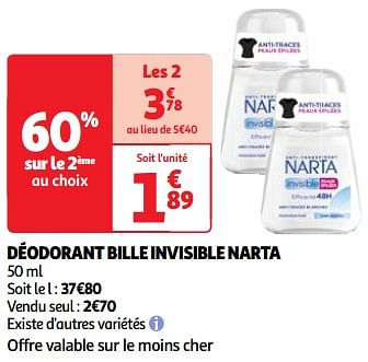 Promoties Déodorant bille invisible narta - Narta - Geldig van 22/05/2024 tot 27/05/2024 bij Auchan