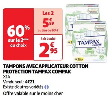 Promoties Tampons avec applicateur cotton protection tampax compak - Tampax - Geldig van 22/05/2024 tot 27/05/2024 bij Auchan