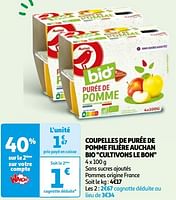 Promoties Coupelles de purée de pomme filière auchan bio - Huismerk - Auchan - Geldig van 22/05/2024 tot 03/06/2024 bij Auchan