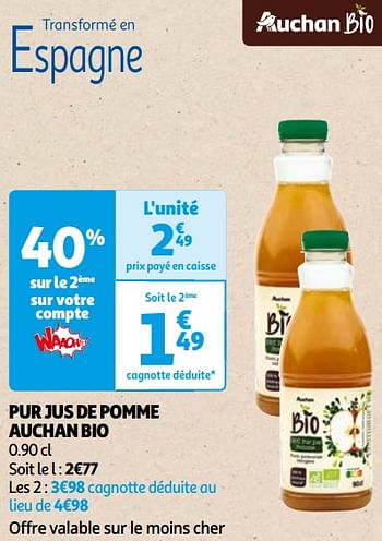 Promoties Pur jus de pomme auchan bio - Huismerk - Auchan - Geldig van 22/05/2024 tot 03/06/2024 bij Auchan