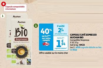 Promoties Capsule café espresso auchan bio - Huismerk - Auchan - Geldig van 22/05/2024 tot 03/06/2024 bij Auchan