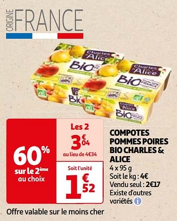 Promoties Compotes pommes poires bio charles + alice - Charles & Alice  - Geldig van 22/05/2024 tot 03/06/2024 bij Auchan