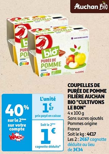 Promoties Coupelles de purée de pomme filière auchan bio - Huismerk - Auchan - Geldig van 22/05/2024 tot 03/06/2024 bij Auchan