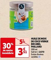 Promotions Huile de noix de coco vierge bio abel paillard - Produit Maison - Auchan Ronq - Valide de 22/05/2024 à 03/06/2024 chez Auchan Ronq