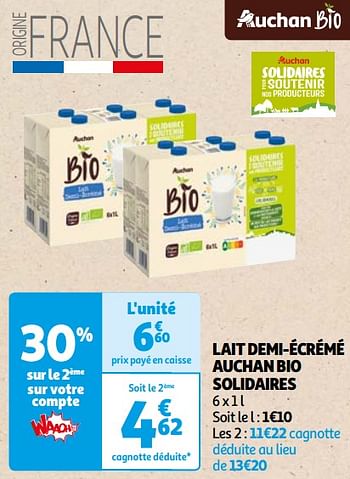 Promoties Lait demi-écrémé auchan bio solidaires - Huismerk - Auchan - Geldig van 22/05/2024 tot 03/06/2024 bij Auchan