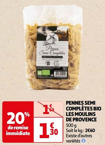 Promoties Pennes semi complètes bio les moulins de provence - Les Moulins de Provence - Geldig van 22/05/2024 tot 03/06/2024 bij Auchan