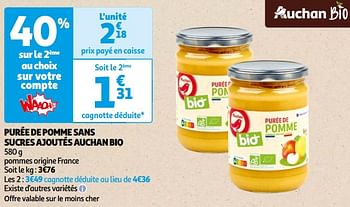 Promoties Purée de pomme sans sucres ajoutés auchan bio - Huismerk - Auchan - Geldig van 22/05/2024 tot 03/06/2024 bij Auchan