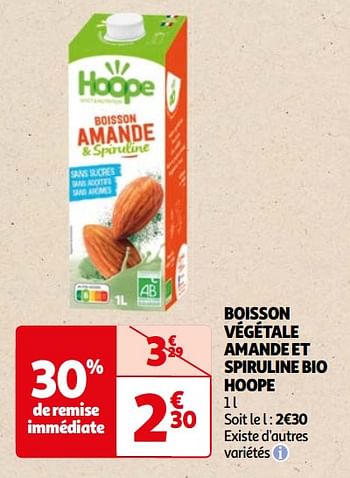 Promoties Boisson végétale amande et spiruline bio hoope - Hoope - Geldig van 22/05/2024 tot 03/06/2024 bij Auchan