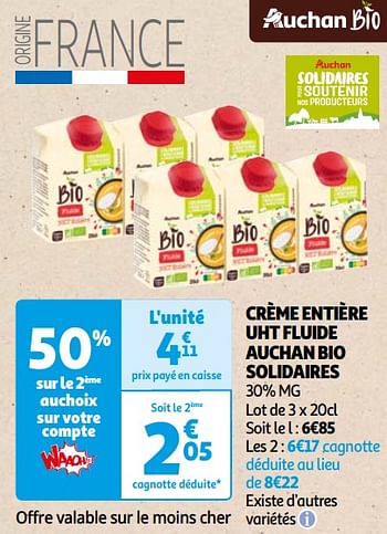 Promoties Crème entière uht fluide auchan bio solidaires - Huismerk - Auchan - Geldig van 22/05/2024 tot 03/06/2024 bij Auchan