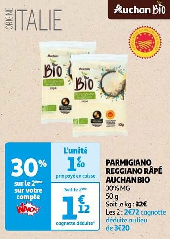 Promoties Parmigiano reggiano râpé auchan bio - Huismerk - Auchan - Geldig van 22/05/2024 tot 03/06/2024 bij Auchan