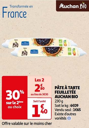 Promoties Pâte à tarte feuilletée auchan bio - Huismerk - Auchan - Geldig van 22/05/2024 tot 03/06/2024 bij Auchan