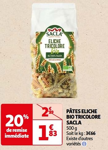 Promoties Pâtes eliche bio tricolore sacla - Sacla - Geldig van 22/05/2024 tot 03/06/2024 bij Auchan
