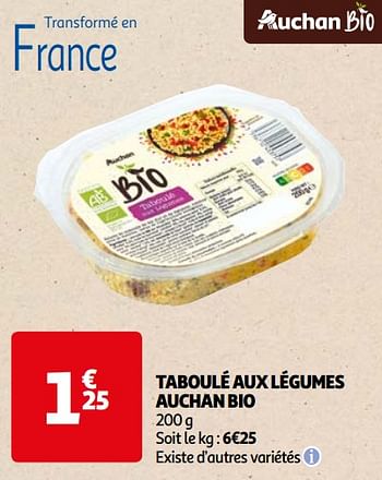 Promoties Taboulé aux légumes auchan bio - Huismerk - Auchan - Geldig van 22/05/2024 tot 03/06/2024 bij Auchan